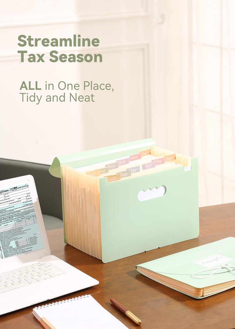 SortRax Accordion File Organizer 12 Pockets, Monthly Bill Receipt Tax Organizer, Expanding File Folders with Larger Bright Tabs, Fits Letter/A4 Size - Green - Image 5
